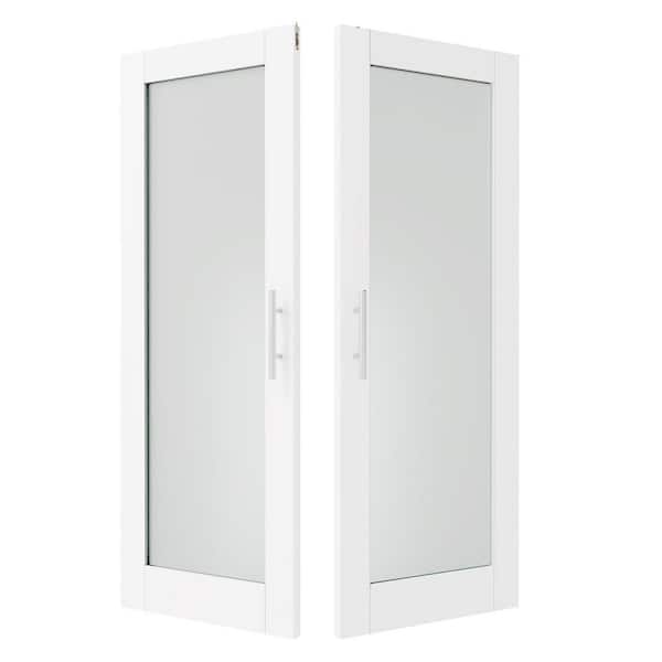TENONER 60 in. x 80 in. Solid Wood & MDF, Full Lite, Frosted Glass, White Primed, Pantry Door, Interior Door Slab W/ Ball Catch