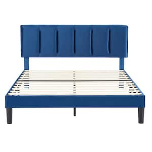 Upholstered Bedframe, Blue Metal Frame Queen Platform Bed with Adjustable Headboard, Wood Slat, No Box Spring Needed