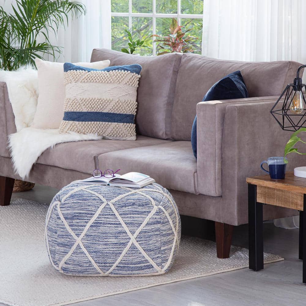 Kirkwood Lake 22" Blue & Ivory Square Pouf Ottoman