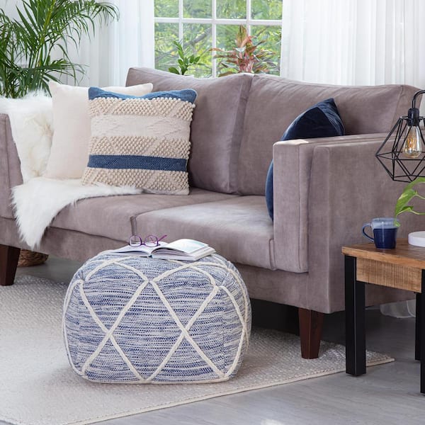 Kirkwood Lake 22 in. x 22 in. x 16 in. Blue and Ivory Pouf