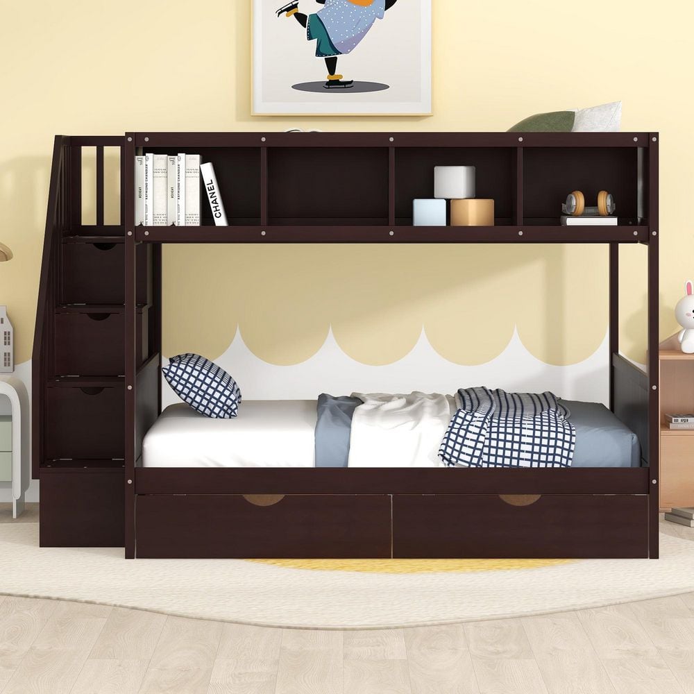 Polibi Espresso Twin over Full Bunk Bed with Shelfs, Storage Staircase ...