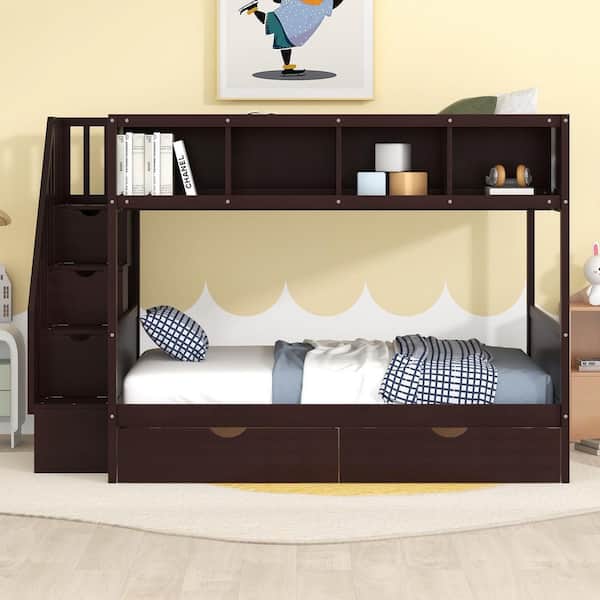 Espresso Twin over Full Bunk Bed with Shelfs, Storage Staircase and 2 Drawers