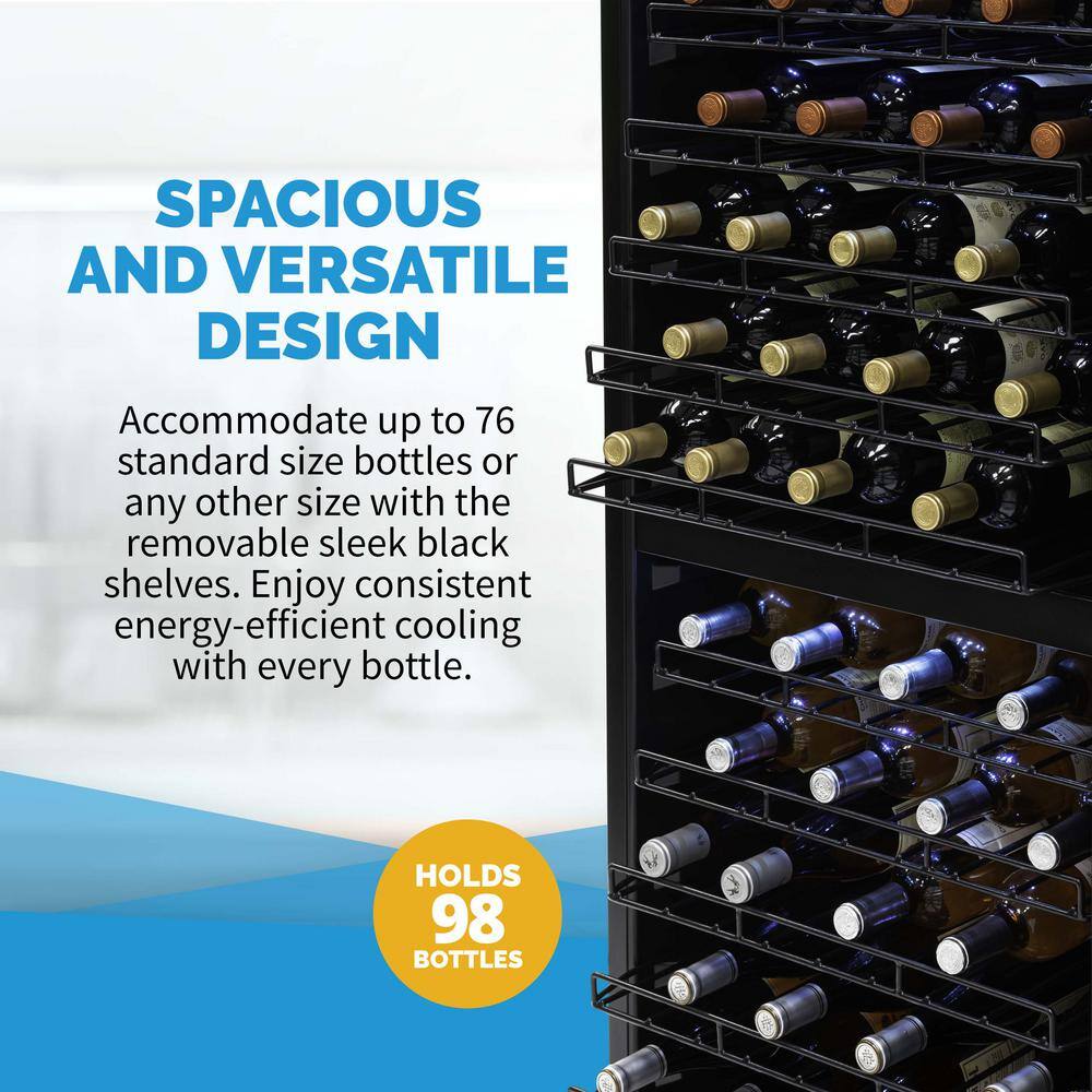 98-Bottle Black and Silver Dual Zone Wine Cooler with Glass Door
