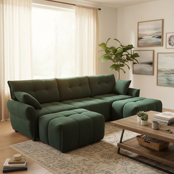 Homy Casa FAKCH 110 in. Modular U-Shaped Chenille 5-Seater Sectional Sofa with Ottoman, Deep Seat, Tufted Back in Emerald Green