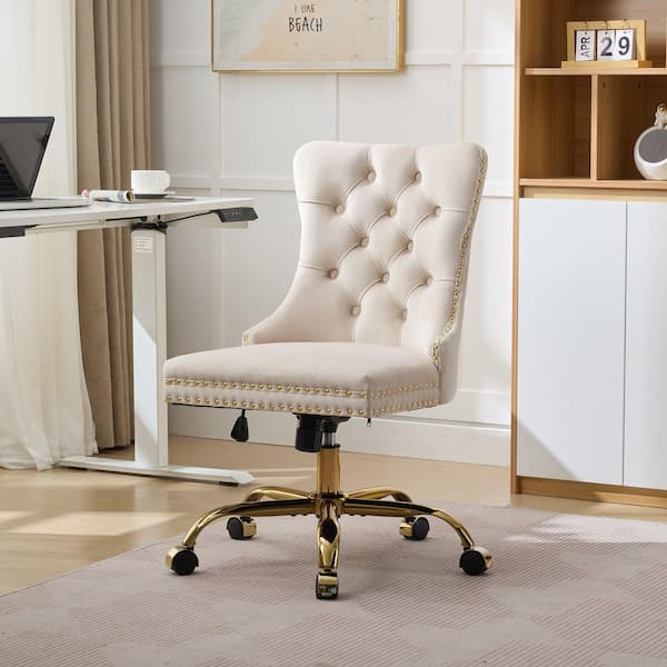Velvet Adjustable Height Swivel Tufted Ergonomic Task Chair in Beige/Gold with Wheels