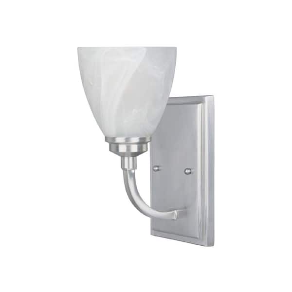 Designers Fountain 5 in. Tackwood 1-Light Satin Platinum Contemporary Wall Mount Sconce Light with Alabaster Glass Shade