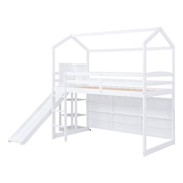 Twin Size Wood House Loft bed with Slide, Storage shelves and Light, White