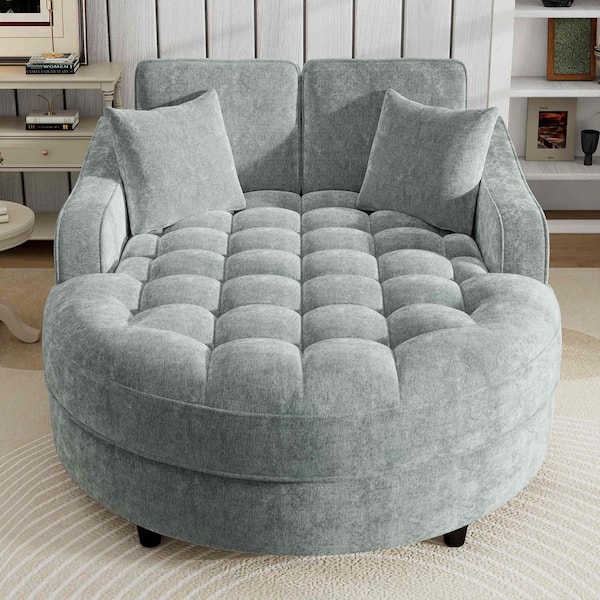 55 in. Rolled Arm Chenille Rectangle with Tufted Seat and Detachable Pillows Sofa in Green