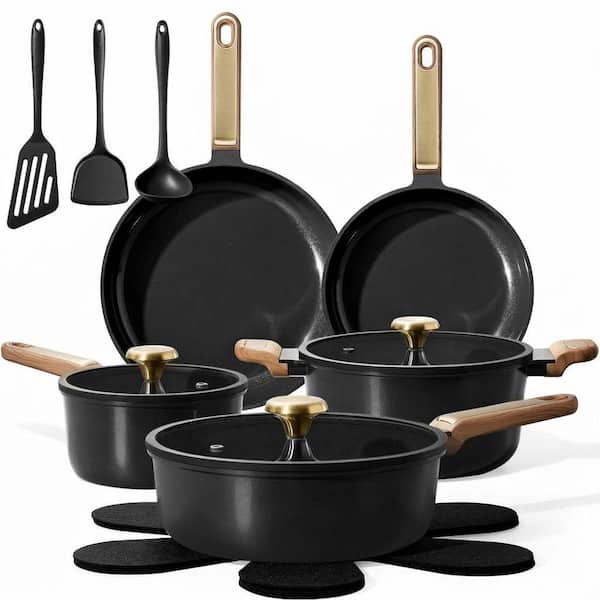 16 Piece Aluminum Nonstick Cookware Set in Charcoal Black, Non-Toxic, Induction Compatible, Easy to Clean