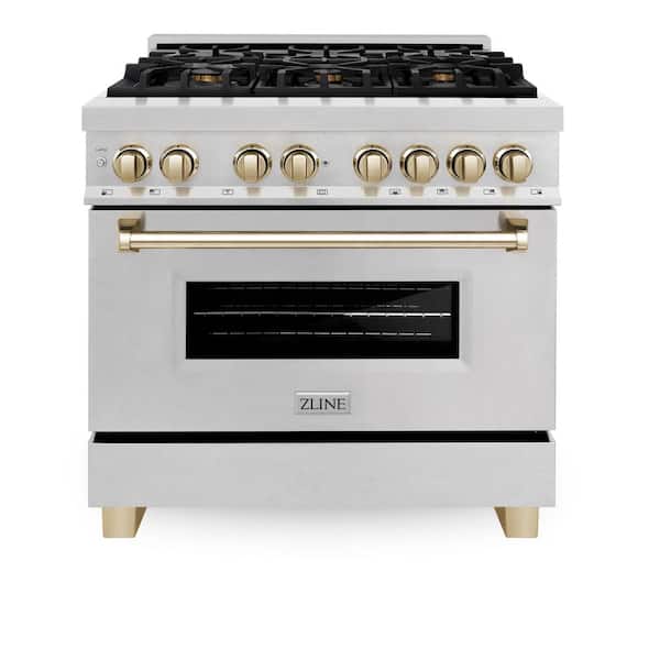 Autograph 36 in. Legacy Dual Fuel Range with 6 Burners and Electric Oven in Satin Stainless Steel and Gold Accents