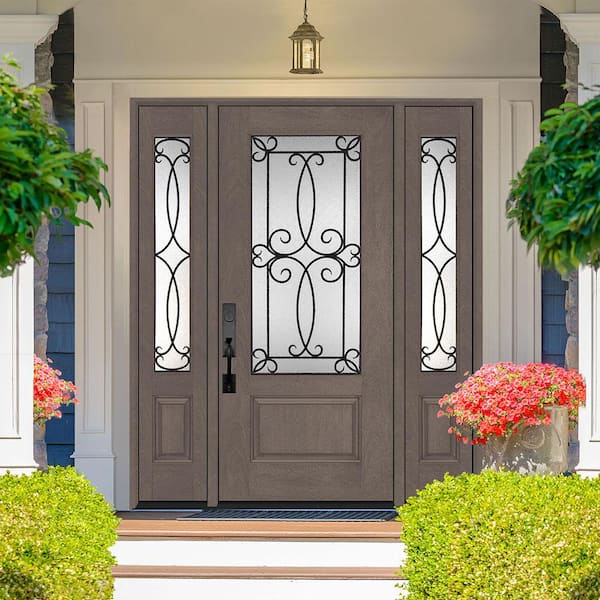 Regency 64 in. x 80 in. Georgian Decorative Glass RHIS 3/4Lite Ashwood Mahogany Fiberglass Prehung Front Door w/12in.SLs
