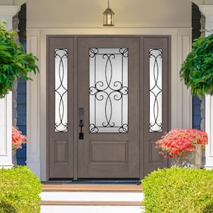 Regency 64 in. x 80 in. 3/4Lite Georgian Decorative Glass LHOS Ashwood Mahogany Fiberglass Prehung Front Door w/12in.SLs