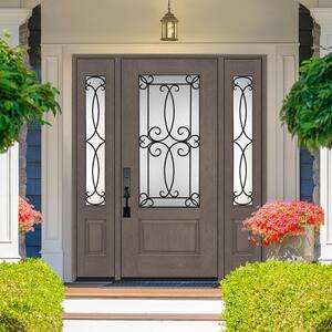 Regency 68 in. x 80 in. 3/4Lite Georgian Decorative Glass LHOS Ashwood Mahogany Fiberglass Prehung Front Door w/14in.SLs