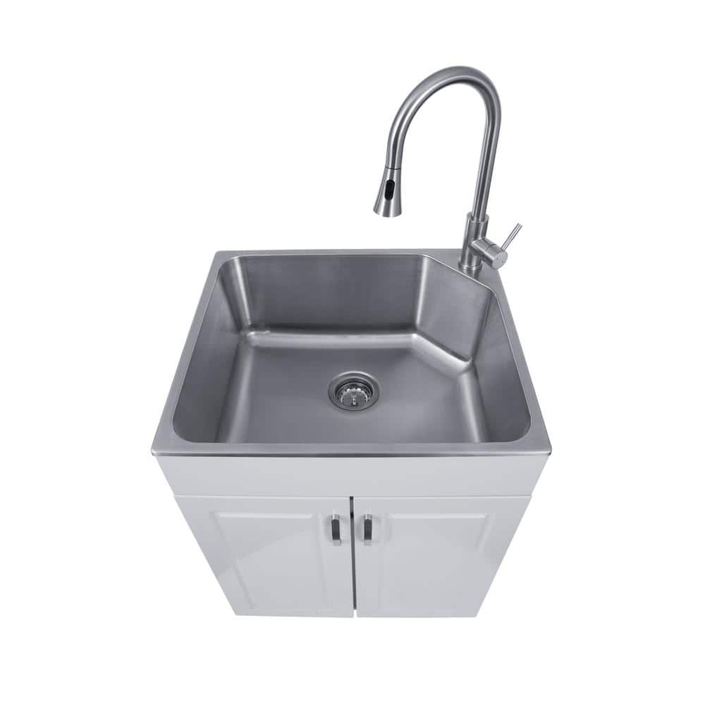 Stainless Steel Utility Sink with White Storage Cabinet