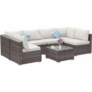 7-Piece PE Rattan Wicker PatioConversation Sofa Chair Set, Outdoor Sofa Set Patio with Glass Table and Beige Cushion