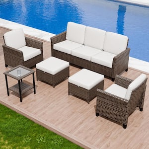 6-Piece Mix Brown Wicker Patio Conversation Set Wide Armrest 3-Seat Sofa Seating Set with Beige Cushions