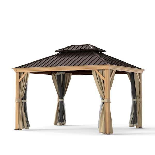 10 ft. x 12 ft. Double Roof Hardtop Wood Grain Aluminum Patio Gazebo with Netting and Khaki Curtains