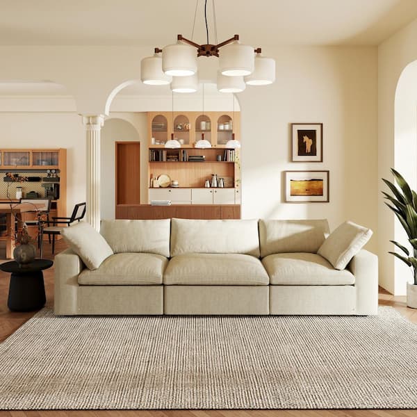 Convertible 118 in. Square Arm 3-Piece Linen Down Filled Cloud Modular Sectional Sofa Couch with Washable Cover in Khaki