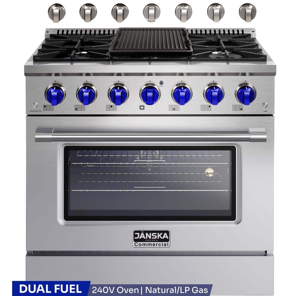 JANSKA 36 in. 5.2 cu. ft. Freestanding Dual Fuel Range with 6 Burners, Convection Oven, and Griddle in Stainless Steel