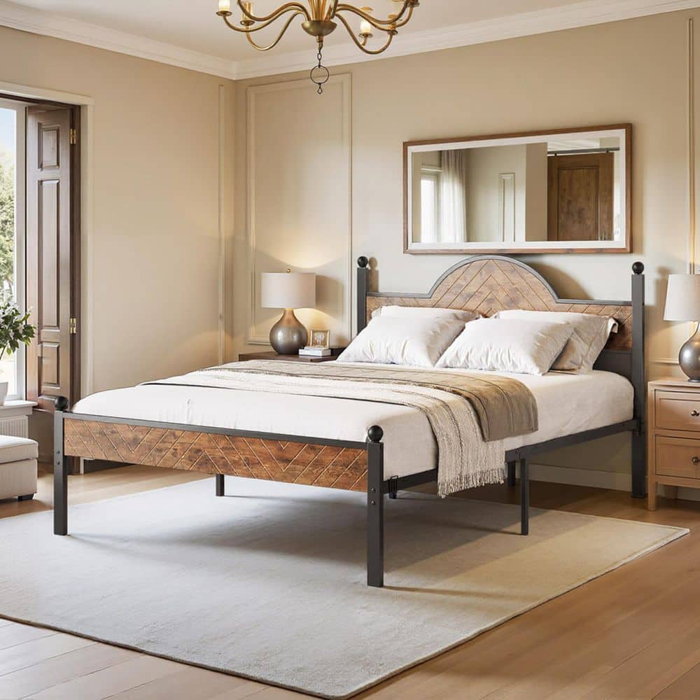 BYBLIGHT Brown Metal Frame Queen Platform Bed Frame Mattress