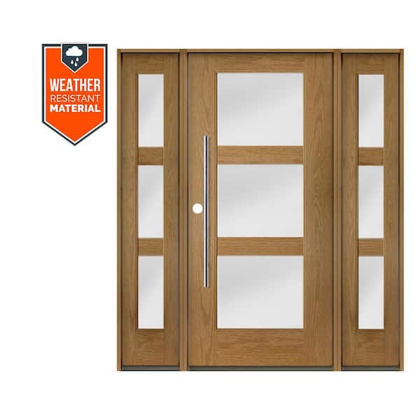 Krosswood Doors Modern Faux Pivot 64 in. x 79 in. 3-Lite Right-Hand/Inswing Satin Glass Bourbon Stain Fiberglass Prehung Front Door wDSL