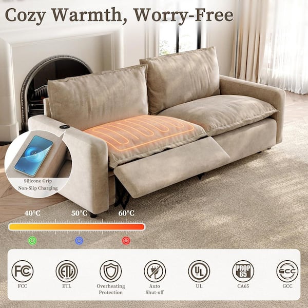 Power Recliner Couch, 83 in. Square Arm 2-Piece Linen Modular Motion Sectional Sofa with Heating, USB Ports in Khaik