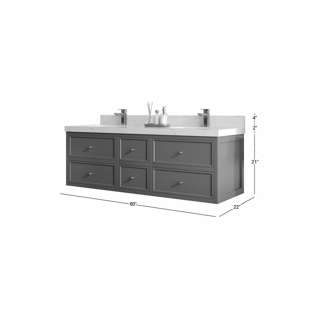 Roswell 60'' White and Black Double Bathroom Vanity with Calacatta Top