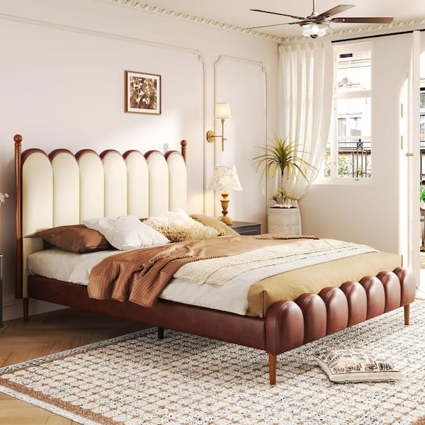 Cascade Brown Plus Beige PU Leather Upholstered Wood Frame Queen Size Platform Bed with Headboard