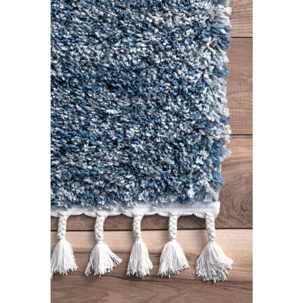 Brooke Blue and Ivory Shag Tasseled Runner Rug