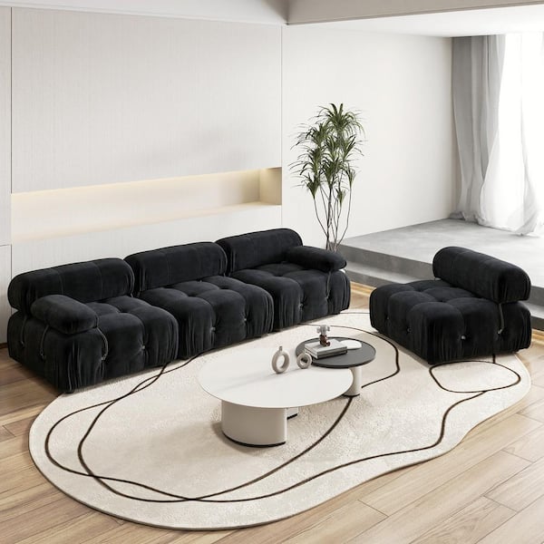 Chameleon 138 in. Square Arm Oversized 4-piece Modern Velvet Modular Combination Sectional Sofa Living Room Set in Black
