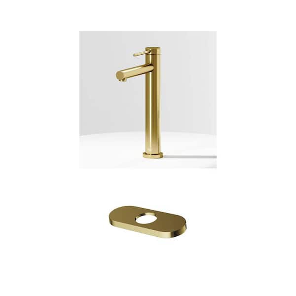 Jewel 11 in. Single Handle Vessel Faucet with 5.5 in. Hole Cover Deck Plate in Matte Brushed Gold (2-Piece Set)