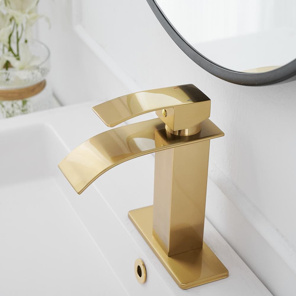 Brushed Gold Single Handle Low-Arc Bathroom Faucet with Drain