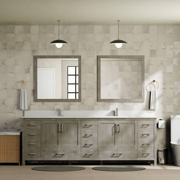 Jacques 84 in. W x 22 in. D Distressed Grey Double Bath Vanity, White Quartz Top, Faucet Set, and 34 in. Mirrors