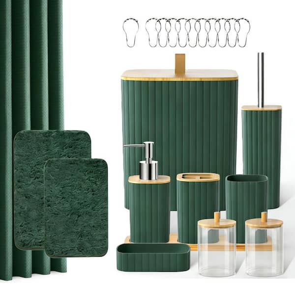 24-Piece Green Bathroom Accessories Set with Shower Curtain and Rugs, Trash Can, Toilet Brush Holder Set, Soap Dispenser
