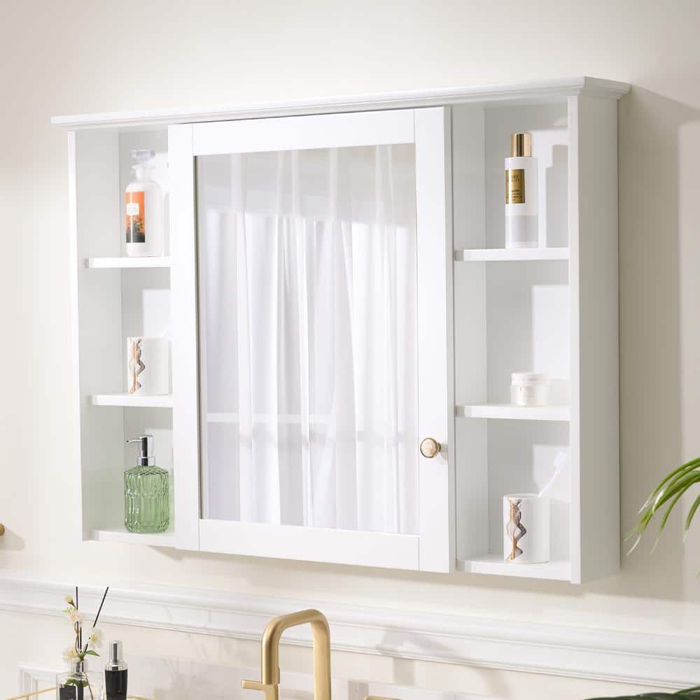 WELLFOR 42 in. W x 30 in. H Rectangular White Wood Surface Mount Medicine Cabinet with Mirror and Shelves, 1-Soft Close Door MED42YS1WT - The Home WELLFOR 42 in. W x 30 in. H Rectangular White Wood Surface Mount Medicine Cabinet with Mirror and Shelves, 1-Soft Close Door MED42YS1WT - The Home