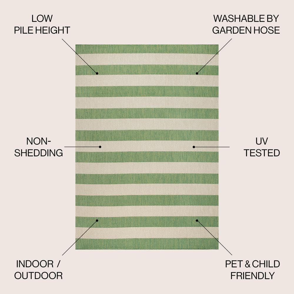 Ivory and Green Wide Stripe 5x8 Synthetic Area Rug