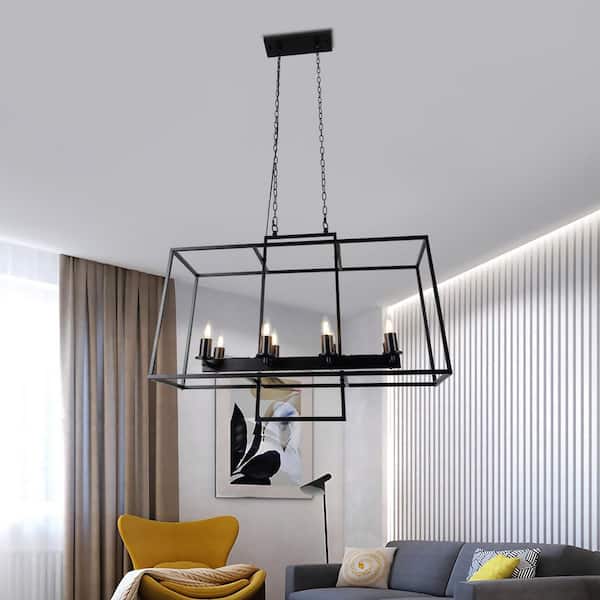 Farmhouse 8 -Light Black Linear Chandelier Light Fixture with Caged Metal Shade for Dining Room With No Bulbs Included