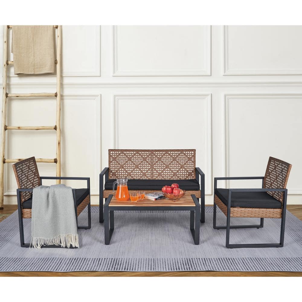 4-Piece Black Steel Frame Brown Wicker Patio Conversation Seating Set with 