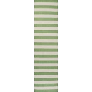 Negril Two-Tone Wide Stripe Green/Cream 2 ft. x 8 ft. Indoor/Outdoor Runner Rug