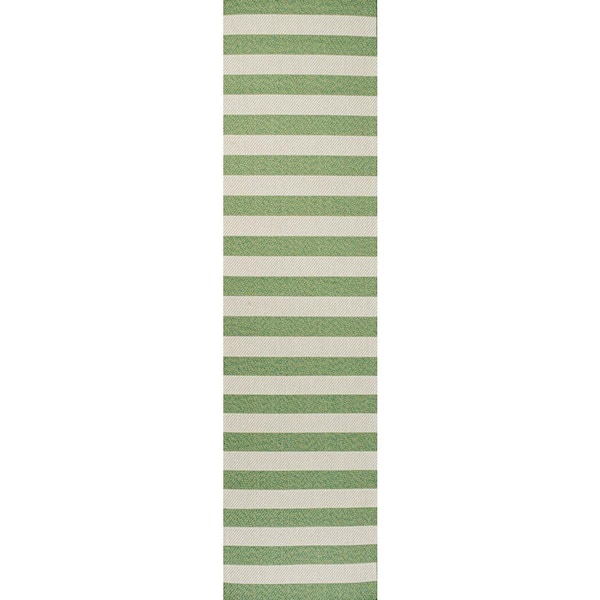 Negril Two-Tone Wide Stripe Green/Cream 2 ft. x 8 ft. Indoor/Outdoor Runner Rug