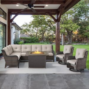 Brown 4-Piece Wicker Patio Fire Pit Set, Outdoor Sectional Seating Set with Olefin Beige Cushions and Swivel Rockers