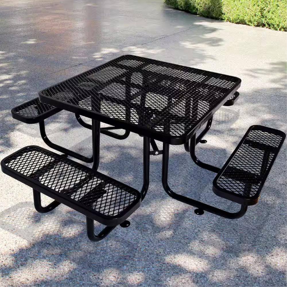 46 in. Black Square Steel Outdoor Picnic Table with Umbrella Hole