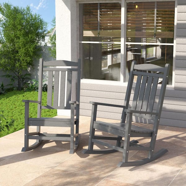 ELPOSUN 2-Person Gray HDPE Plastic Wood Outdoor Rocking Chair Set-Effortless Comfort for Your Patio