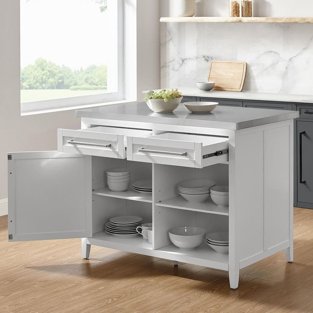 Silvia 51'' Classic White Kitchen Island with Stainless Steel Top