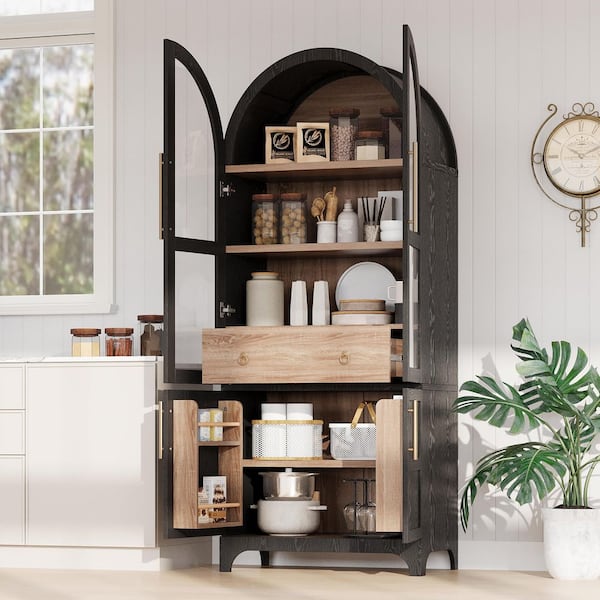 Farmhouse Black Wood 29.9 in. Kitchen Island Arched Kitchen Pantry Cupboard Cabinet with Open and Adjustable Shelves