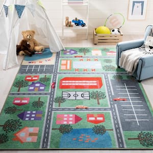 Kids Playhouse Green/Charcoal Doormat 3 ft. x 5 ft. Machine Washable Novelty Area Rug