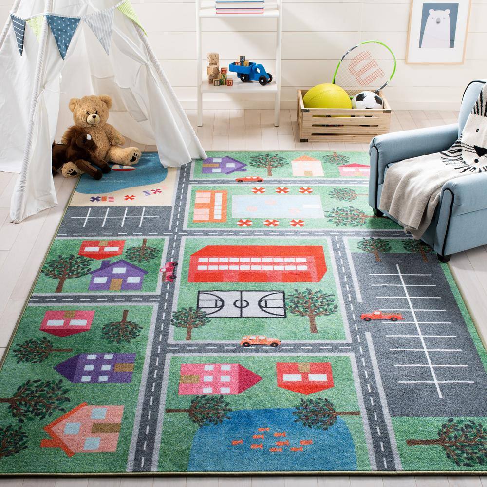 Kids Playhouse Green and Charcoal Synthetic Area Rug 7'9" x 10'