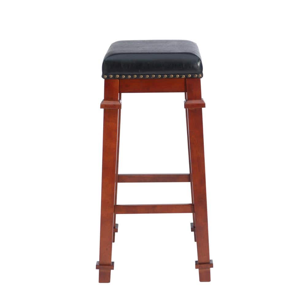 Kennedy Dark Cherry Backless Wood Bar Stool with Black Upholstery