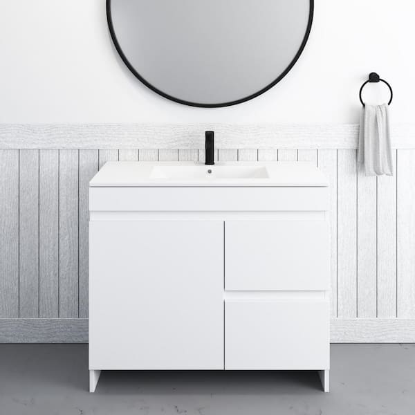 VOLPA USA AMERICAN CRAFTED VANITIES Mace 36 in. W x 18 in. D x 34 in. H Bath Vanity in White with White Ceramic Top and Right-Side Drawers