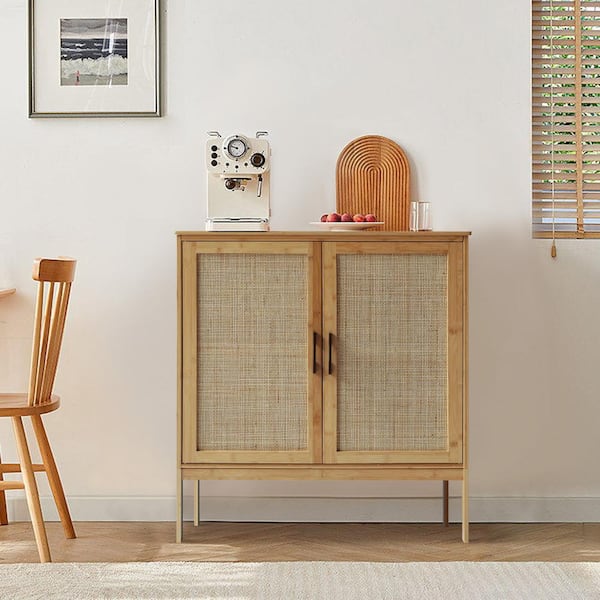 VEIKOUS Yellow Bamboo 31.4 in. W Sideboard Buffet Accent Storage Cabinet with Rattan Doors